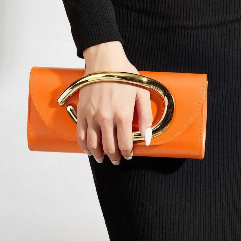 Orange Leather Clutch with Gold Handle